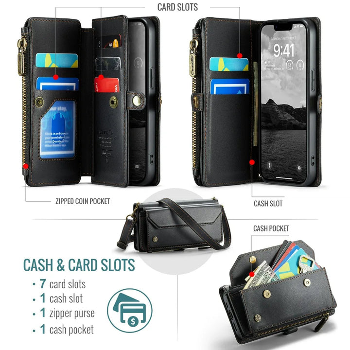 Leather Wallet Phone Case for iPhone 16 Pro Max – Zipper Card Holder with Detachable Magnetic Flip Cover and Strap