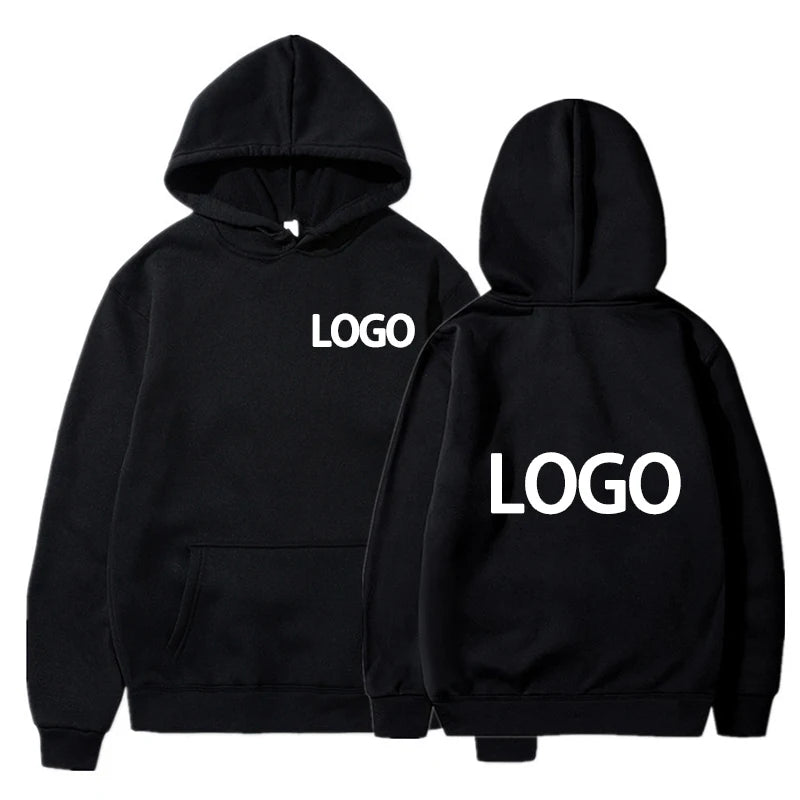 Black hoodie with 'LOGO' printed on front and back against a white background