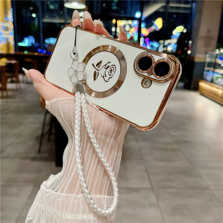 Luxury Magsafe Magnetic Plating Frame Phone Case with Lanyard for iPhone 16 and Samsung Galaxy