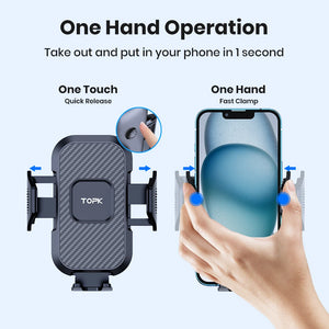 Phone holder with one-touch quick release and one-hand fast clamp features, featuring the TOPK brand.