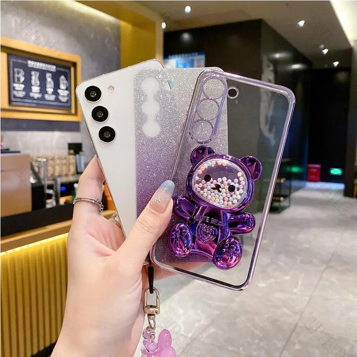 Flower Strap Bear Phone Holder Case for Samsung S23 S24 S21 S22 S20 Ultra Note 10 20