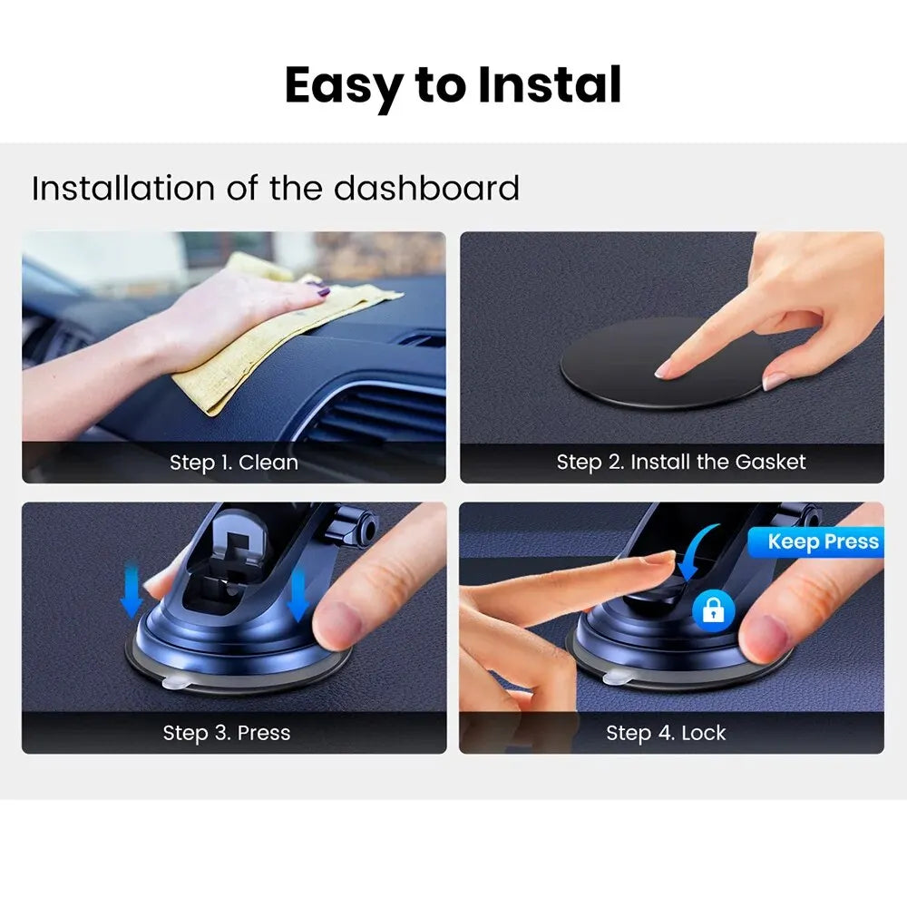 Step-by-step installation guide for a car dashboard product with hands performing each step.