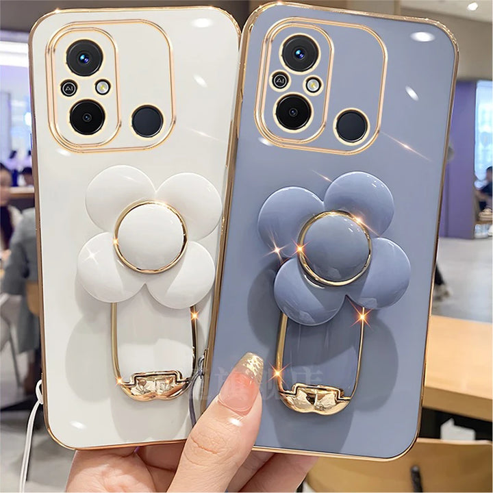Luxury Turn Flower Stand Case for Redmi Note 13 Pro Plus, 12, 11S, and 10A with premium floral design and stand functionality