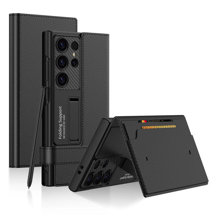 Leather Flip Wallet Phone Case with Card Holder and Kickstand for Samsung Galaxy S25 Ultra in Carbon Fibre Design