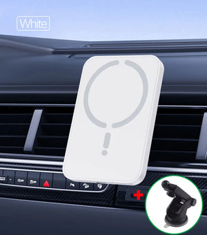 White car phone holder on a car dashboard with an inset showing the suction cup design.