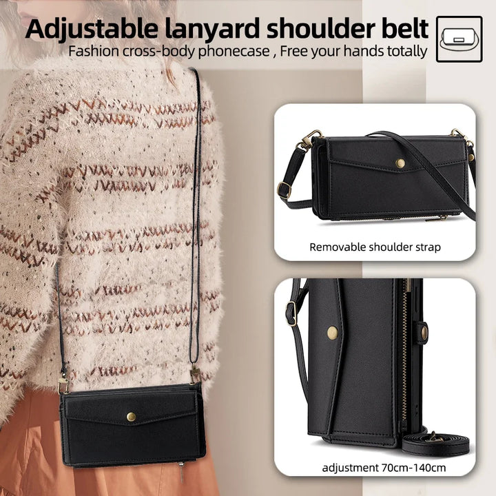 Wallet Flip Stand Leather Case with Crossbody Strap and Card Slots for iPhone 6-15 Pro Max