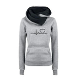 Gray hoodie with black cowl neck and heart rate design on a white background