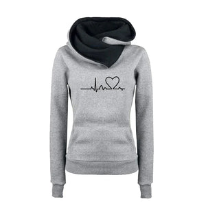 Gray hoodie with black cowl neck and heart rate design on a white background
