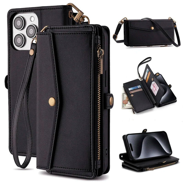 Wallet Flip Stand Leather Case with Crossbody Strap and Card Slots for iPhone 6-15 Pro Max