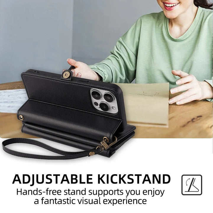 Wallet Flip Stand Leather Case with Crossbody Strap and Card Slots for iPhone 6-15 Pro Max