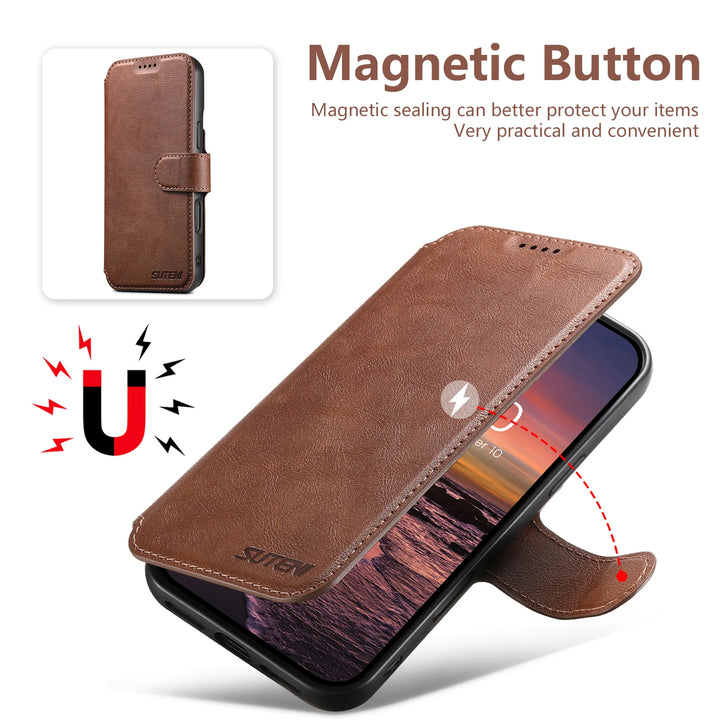 PU Leather Magnetic Wallet Flip Case for iPhone 16–12 Series with Card Slot and Kickstand – Black, Blue, Brown