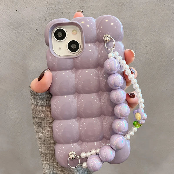 Luxury Pearl Bracelet Chain 3D Ice Lattice Case for iPhone 16 15 14 13 12 Pro Max