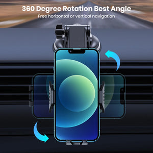 Phone holder with 360-degree rotation feature on a blurred road background