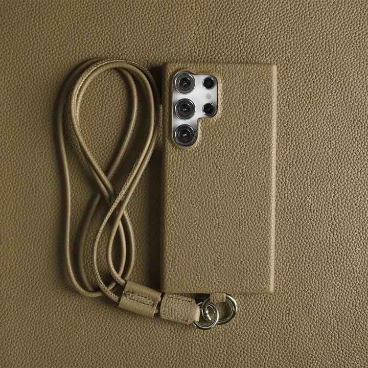 Luxury Cowhide Leather Crossbody Lanyard Case for Samsung S24, S23, S22, S21, and S20FE, Stylish and Durable Design