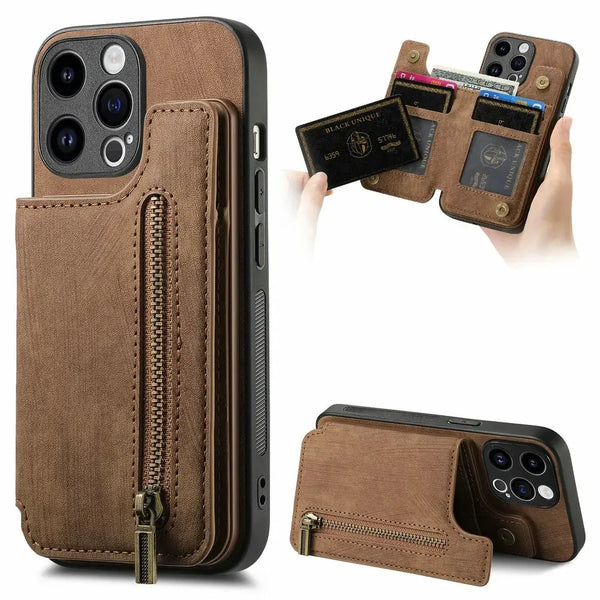 Zipper Wallet Leather Phone Case with Card Holder for iPhone 16/15/14/13/12/11 Pro Max