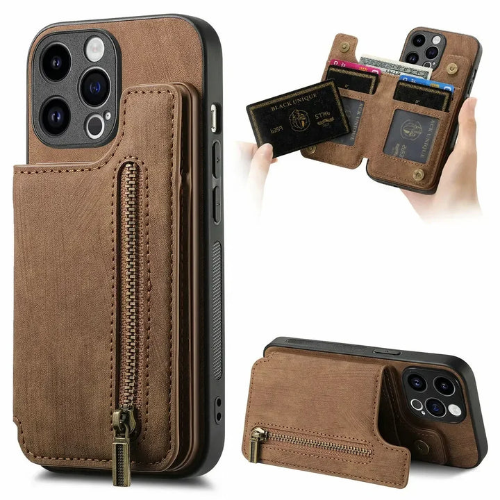 Zipper Wallet Leather Phone Case with Card Holder for iPhone 16/15/14/13/12/11 Pro Max