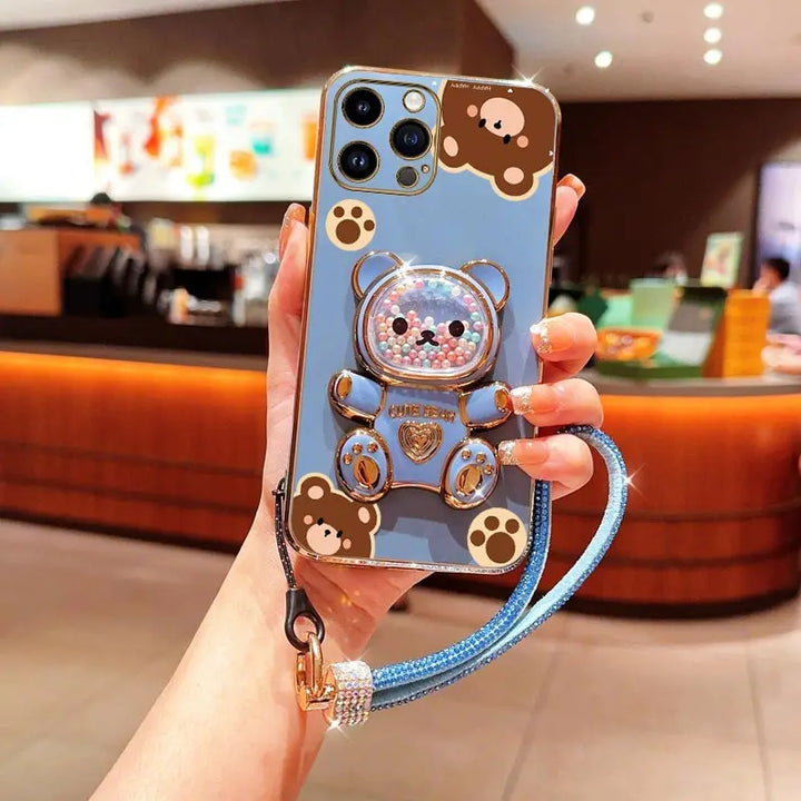 Diamond Wrist Strap Bear Case for iPhone 11 12 13 14 15 16 Stand Cover