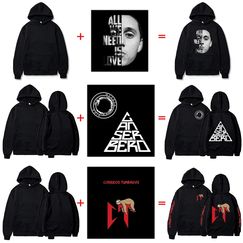 Black hoodies with various designs on a white background