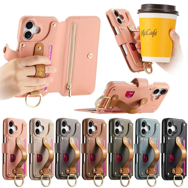 Litchi pattern flip leather phone case with a wrist strap, card holder, and wallet design for iPhone 16, 15, and 14 Pro Max.