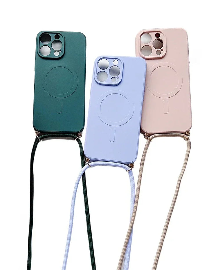 Liquid Silicone Crossbody iPhone Case with Lanyard – MagSafe Compatible Lightweight Shockproof Cover for iPhone 11–16 Pro Max