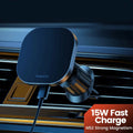 Car charger mounted on a car's air vent with branding and product features displayed.