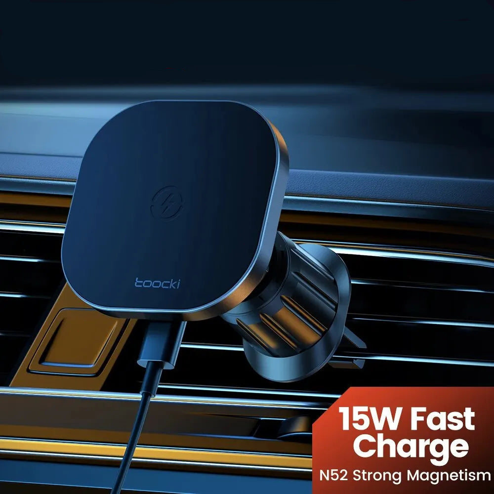 Car charger mounted on a car's air vent with branding and product features displayed.