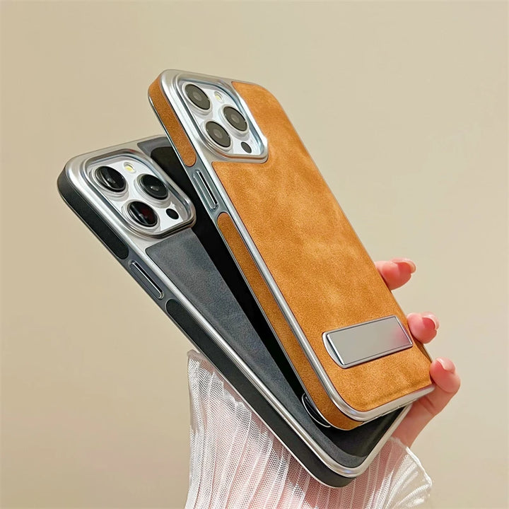 Luxury Plating Leather Metal Holder Case for iPhone 11/12/13/14/15 Pro Max Plus with Shockproof and Stylish Design