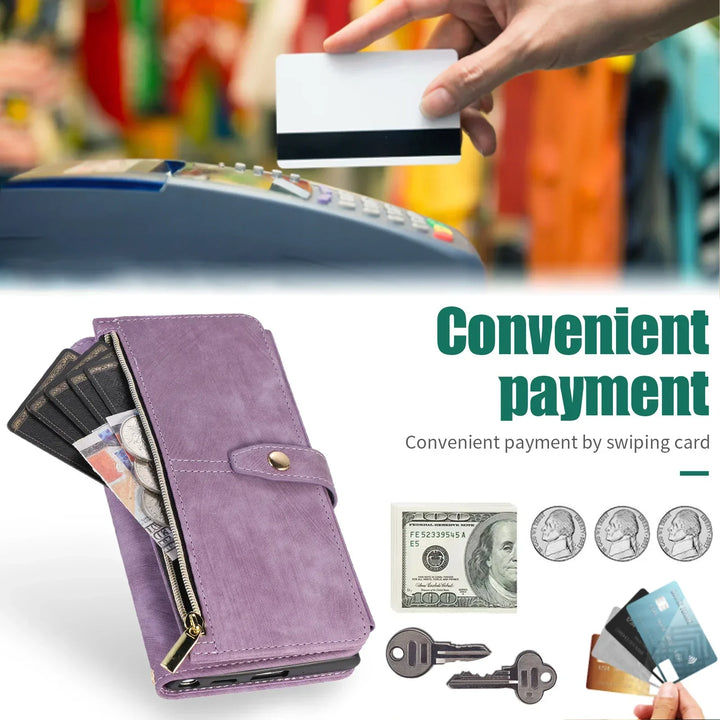 Crossbody wallet case for Samsung Galaxy with card holder, lanyard, and kickstand for hands-free use.
