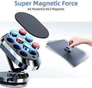 Magnetic phone holder with colorful magnets and a hand placing a small magnet on a surface.