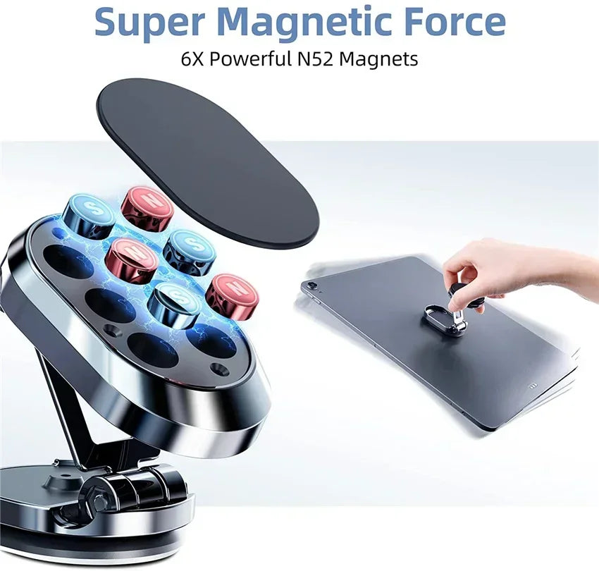 Magnetic phone holder with colorful magnets and a hand placing a small magnet on a surface.