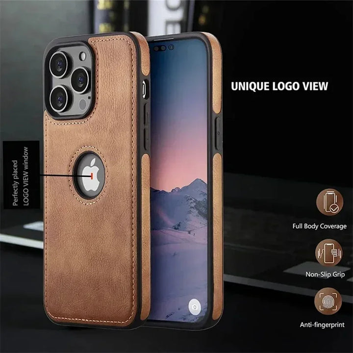 Classic Leather Case for iPhone 15/14/13/12/11/16 Pro Max with Logo View and Shockproof Design