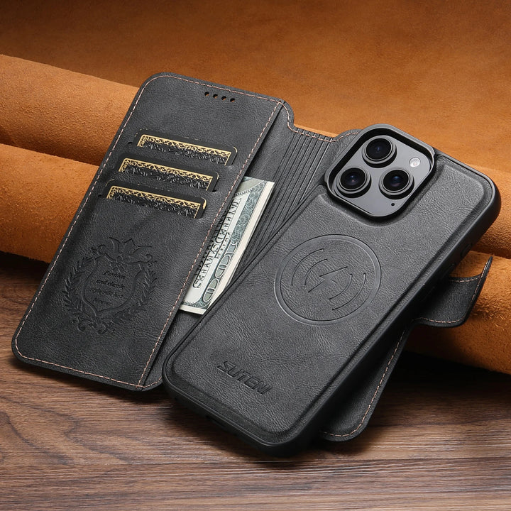 PU Leather Magnetic Wallet Flip Case for iPhone 16–12 Series with Card Slot and Kickstand – Black, Blue, Brown