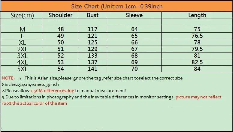 Size chart for clothing with measurements in centimeters and inches