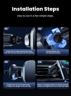 Step-by-step installation guide for a car air vent holder on a dark background