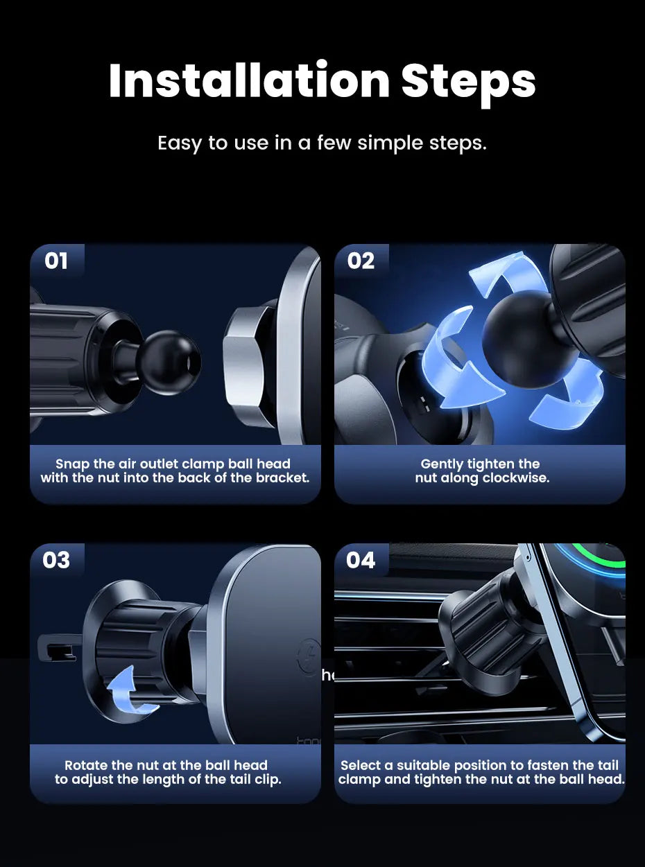 Step-by-step installation guide for a car air vent holder on a dark background