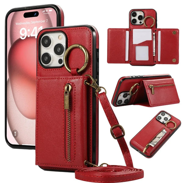 Crossbody Leather Wallet Phone Case with Zipper and Card Holder for iPhone 16/15/14/13/12/11 Pro Max