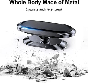 Metallic phone stand with shattered glass background, text 'Whole Body Made of Metal' and 'Exquisite and never break'.