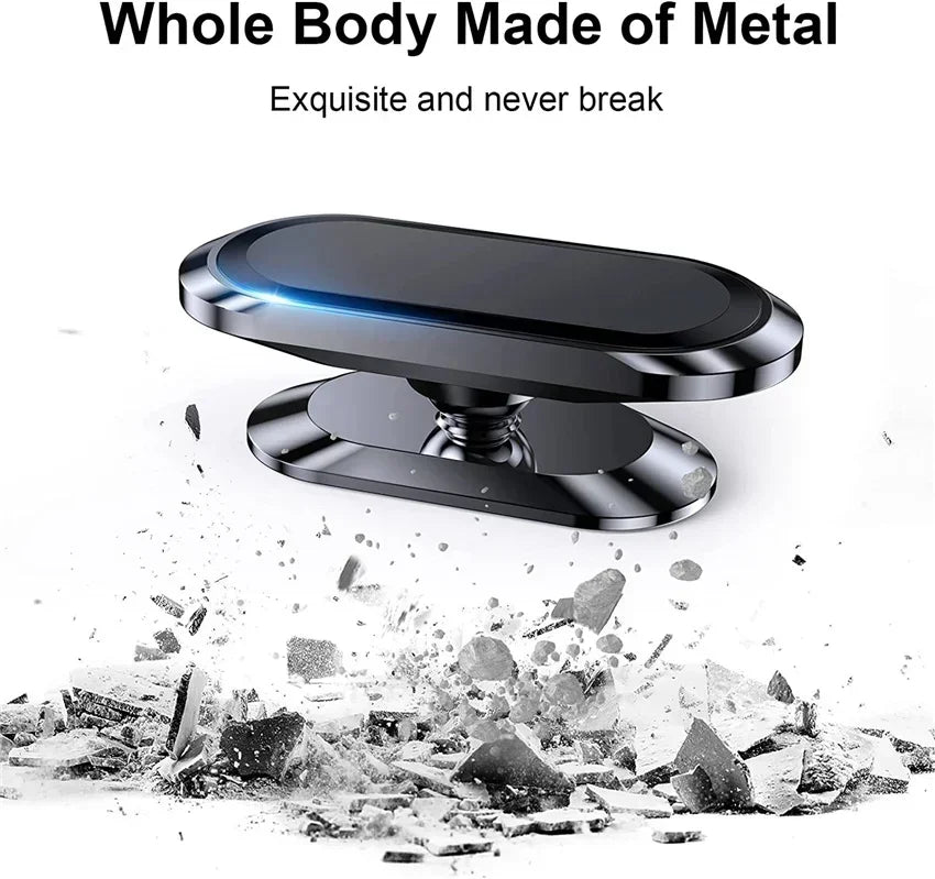 Metallic phone stand with shattered glass background, text 'Whole Body Made of Metal' and 'Exquisite and never break'.