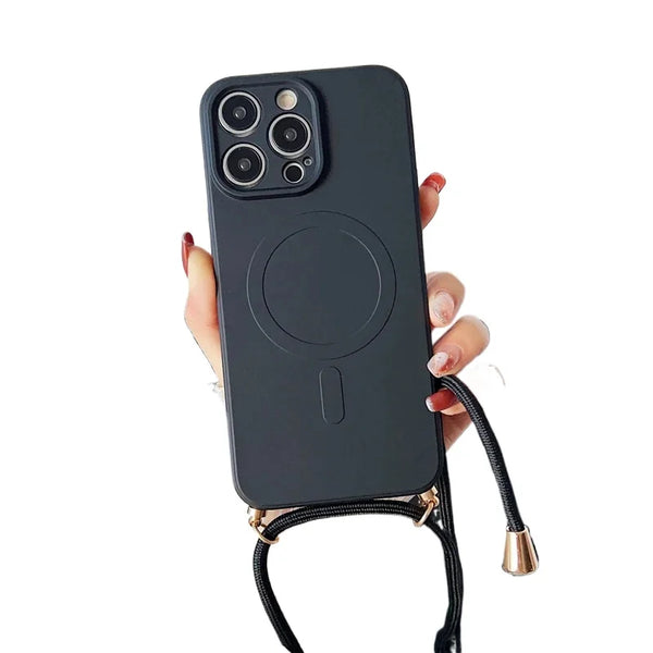 Liquid Silicone Crossbody iPhone Case with Lanyard – MagSafe Compatible Lightweight Shockproof Cover for iPhone 11–16 Pro Max