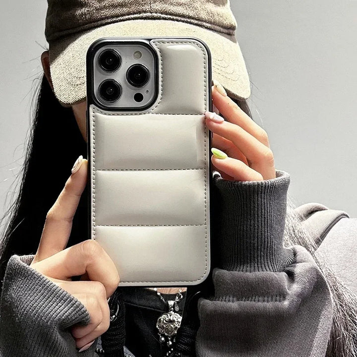 Soft Puffer Jacket Style Silicone Case with Lanyard for iPhone 15 Pro Max – Anti-Fingerprint & Full Protection