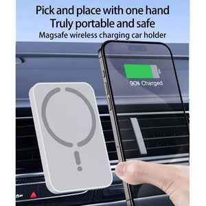 Magsafe wireless charging car holder with phone and text on a blue background