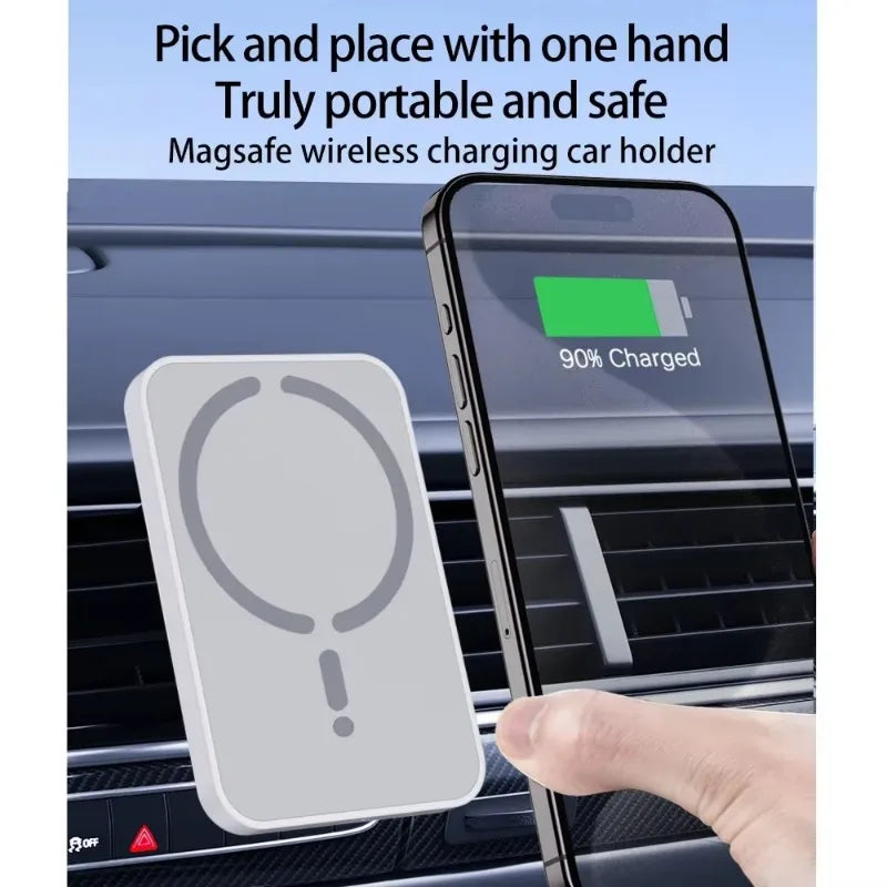 Magsafe wireless charging car holder with phone and text on a blue background