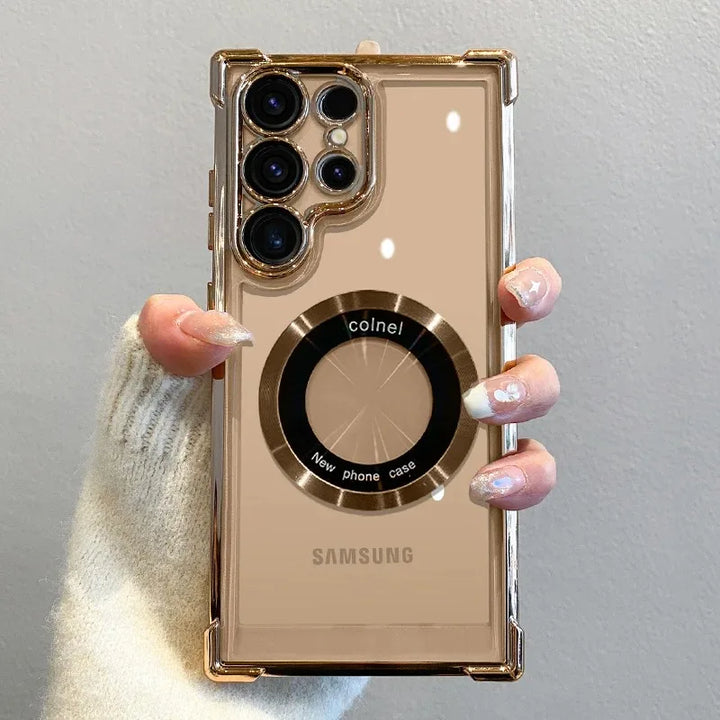 Luxury MagSafe electroplate Samsung case with shockproof bumper, hard transparent back cover, and wireless charging support.