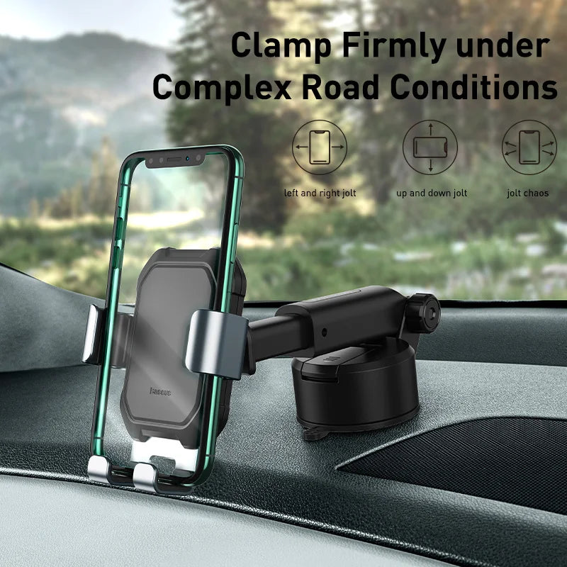 Car phone holder on a dashboard with scenic background
