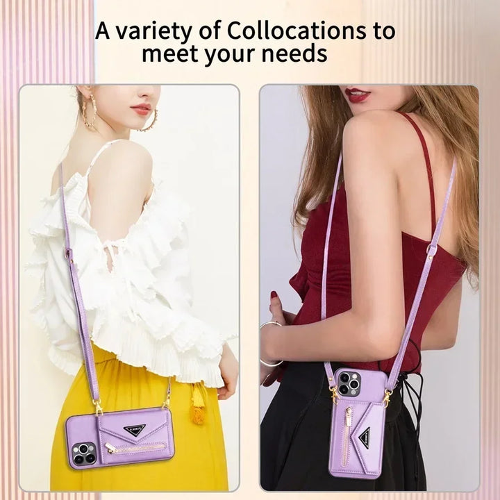 Zipper wallet crossbody phone case with card holder and detachable lanyard for iPhone models.