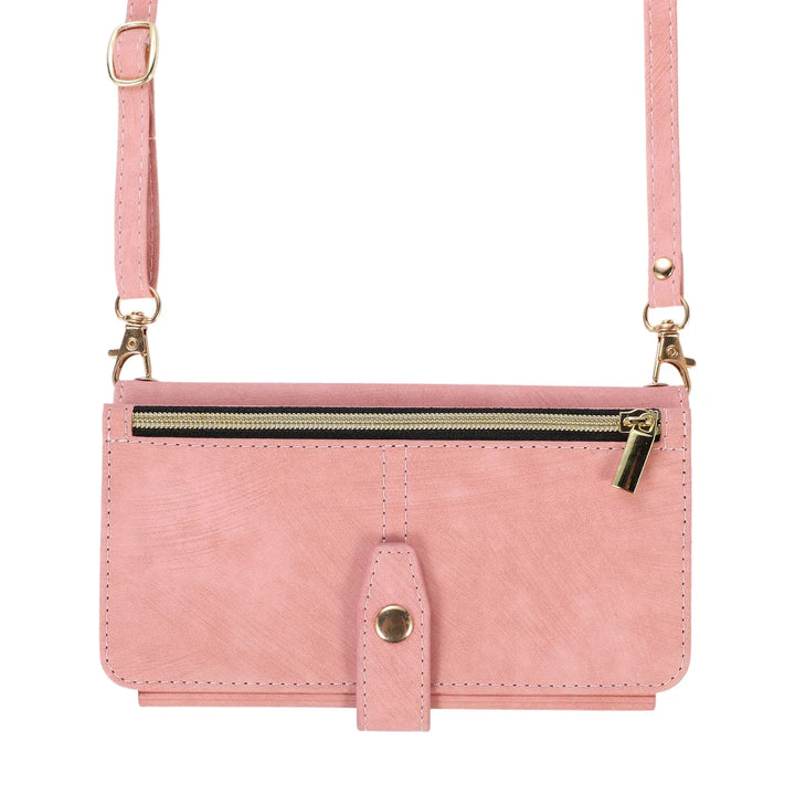 Crossbody wallet case for iPhone with card holder, lanyard, and kickstand for hands-free use.