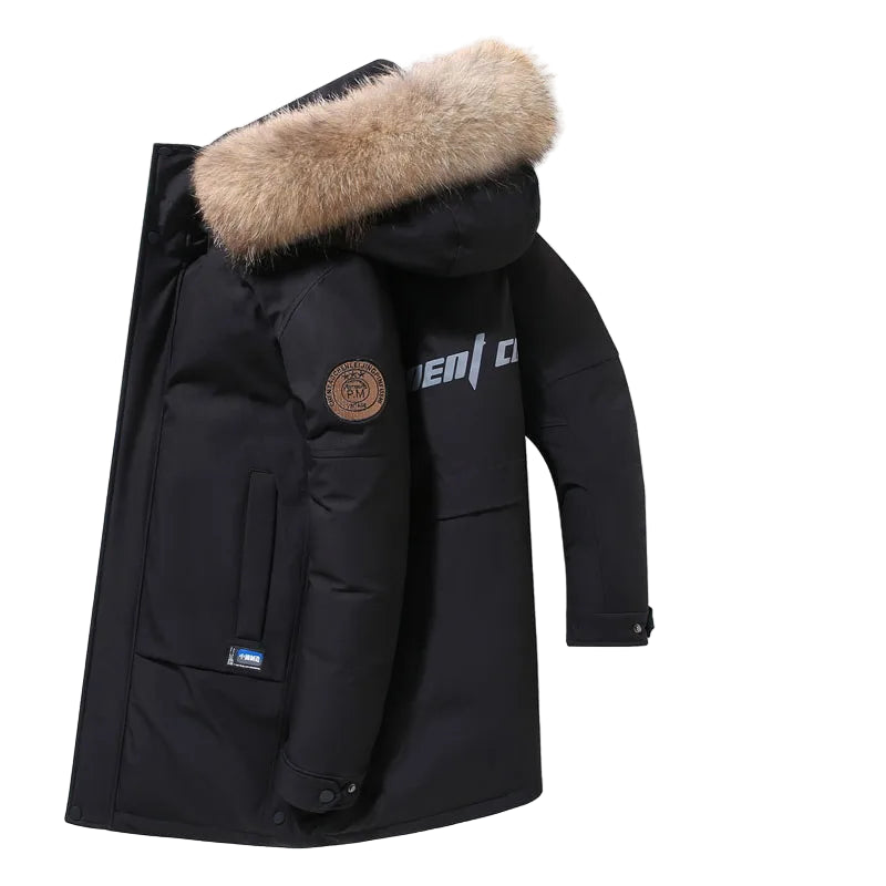 Black winter coat with fur hood on a white background, featuring waterproof and temperature-resistant properties.