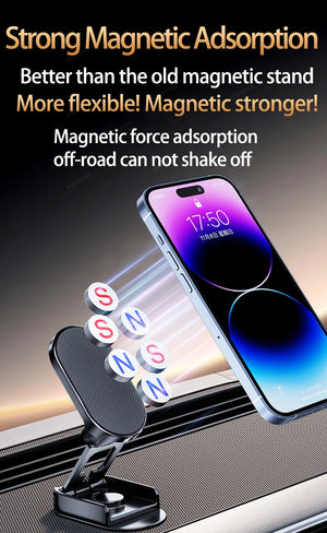 Phone holder with magnetic吸附功能 on a car dashboard, showing text about its features.