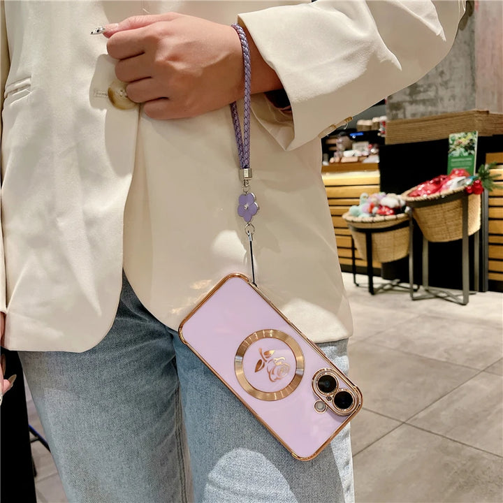 Luxury Magsafe Magnetic Plating Frame Phone Case with Lanyard for iPhone 16 and Samsung Galaxy
