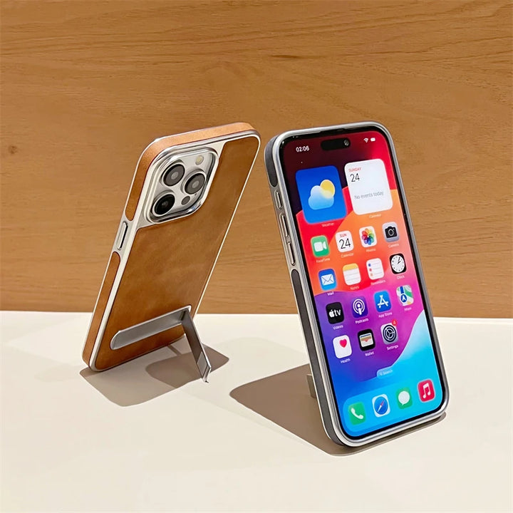 Luxury Plating Leather Metal Holder Case for iPhone 11/12/13/14/15 Pro Max Plus with Shockproof and Stylish Design